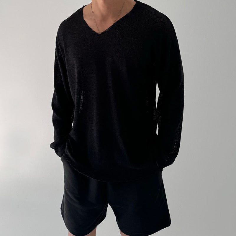 メンズ用ブラックVネック長袖ニットTシャツ ルーズフィット