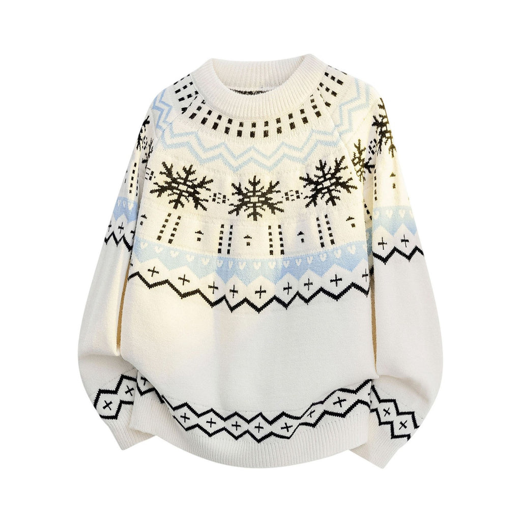フェアアイル柄クルーネックセーター、オフホワイト地に黒と水色の幾何学模様