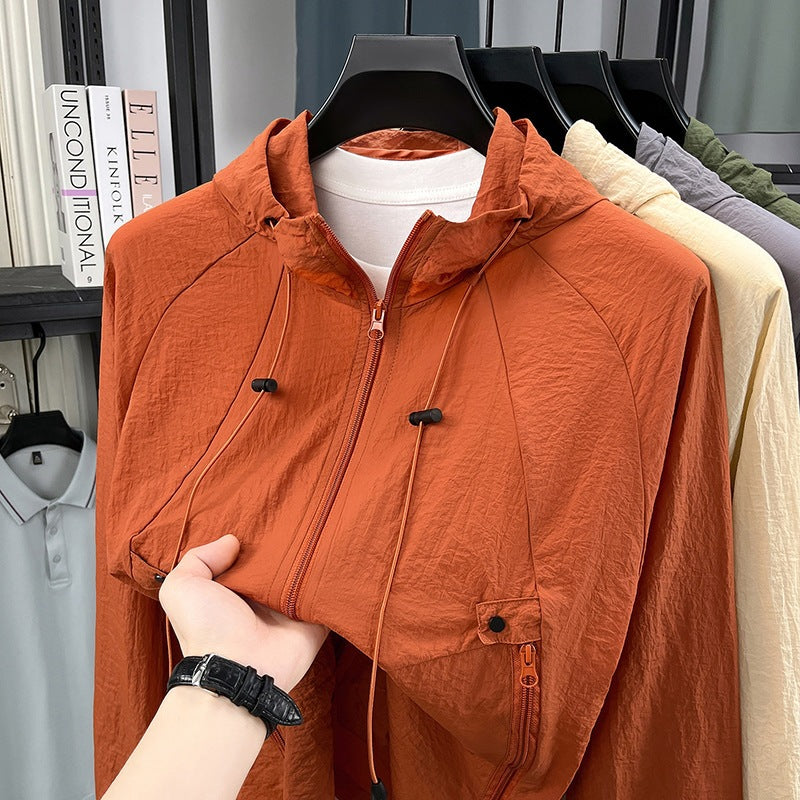 UVカットパーカー メンズ — 薄手ナイロンの日焼け防止フルジップジャケット