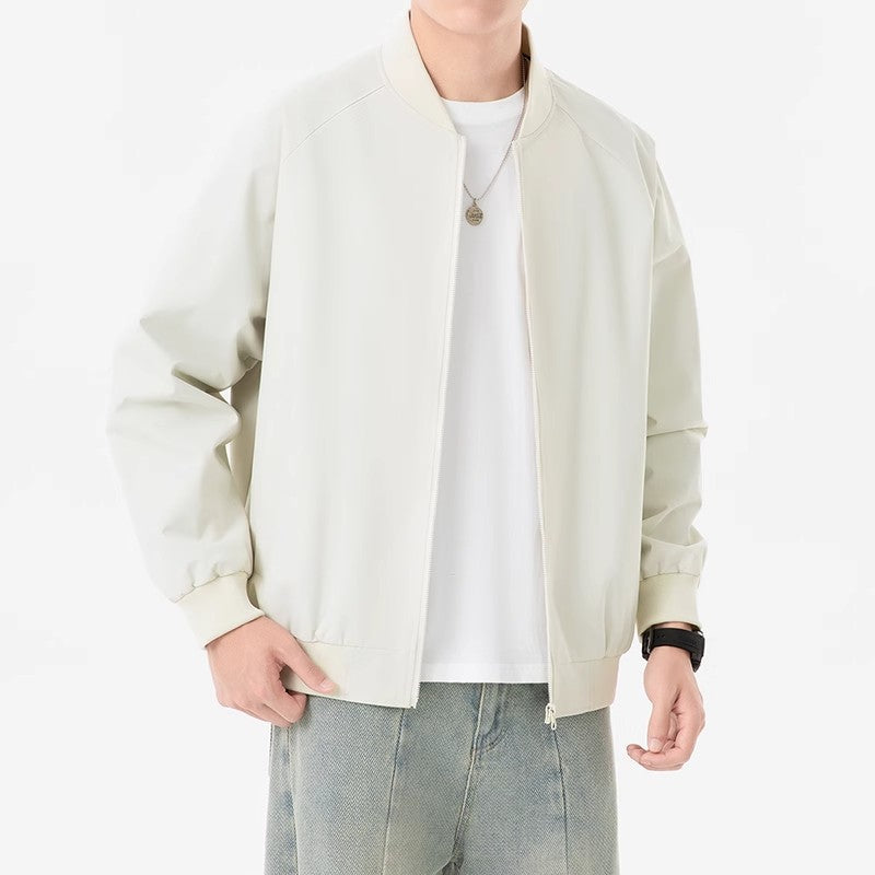 メンズ無地ジャケット（ボールカラー）ジップフロント、リブ袖口・裾のアイボリー