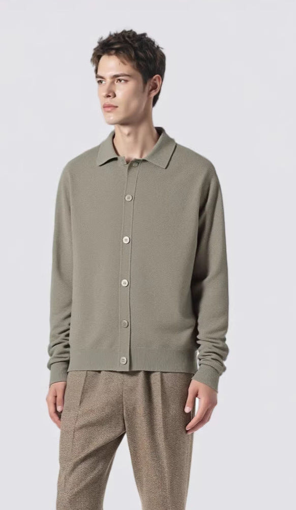 ニットカーディガン メンズ — 襟付きウール混のきれいめシャツカーディガン