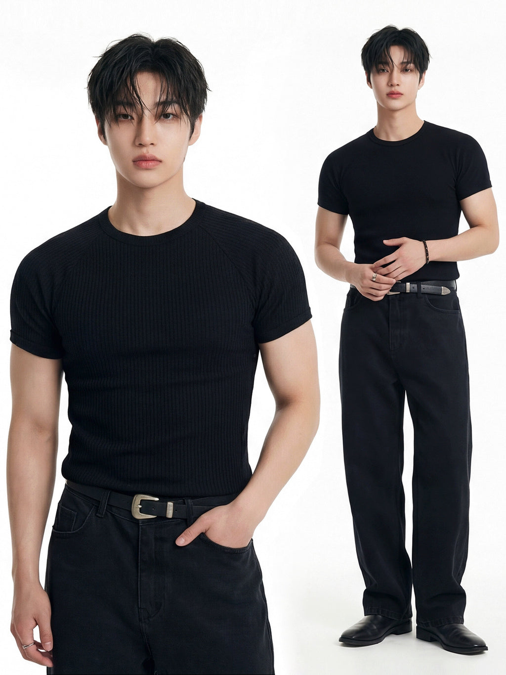半袖ニットTシャツ メンズ — リブ編みのスリムフィットサマーニットトップス