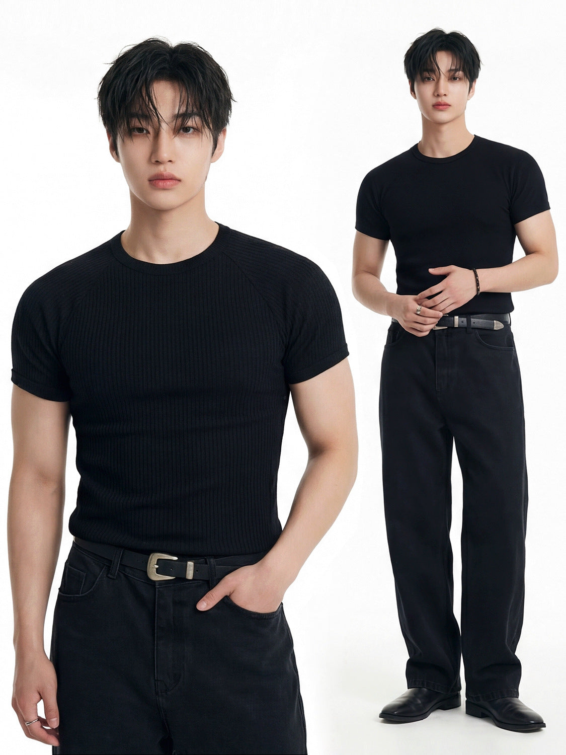 半袖ニットTシャツ メンズ — リブ編みのスリムフィットサマーニットトップス