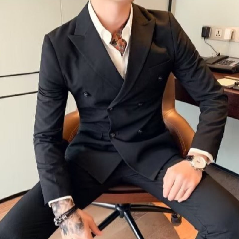 メンズ黒スリムフィットのダブルブレストスーツジャケット、長袖と胸ポケット