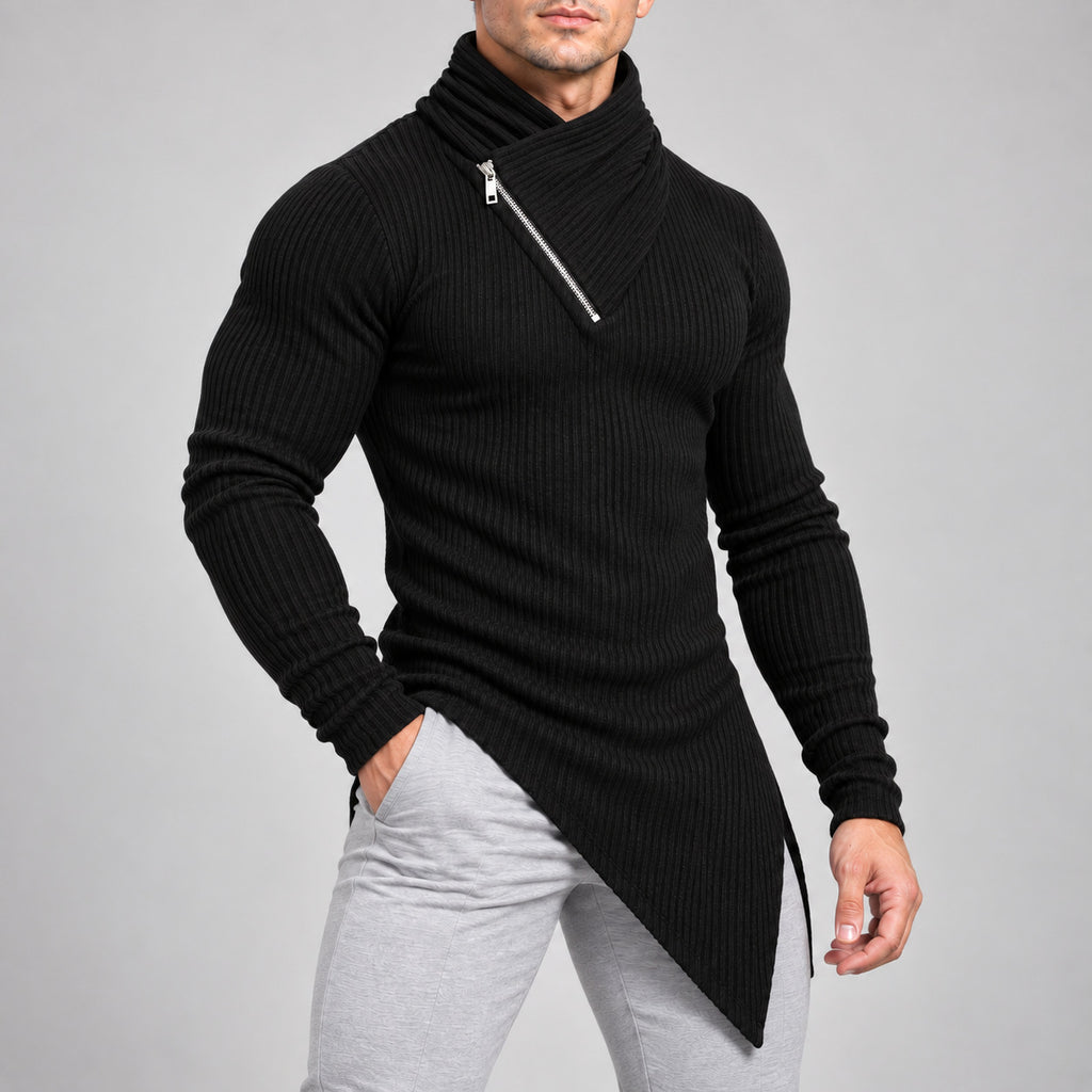 メンズの黒いリブ編みパイル風ハイネック長袖Tシャツ、非対称の裾でスリム見え