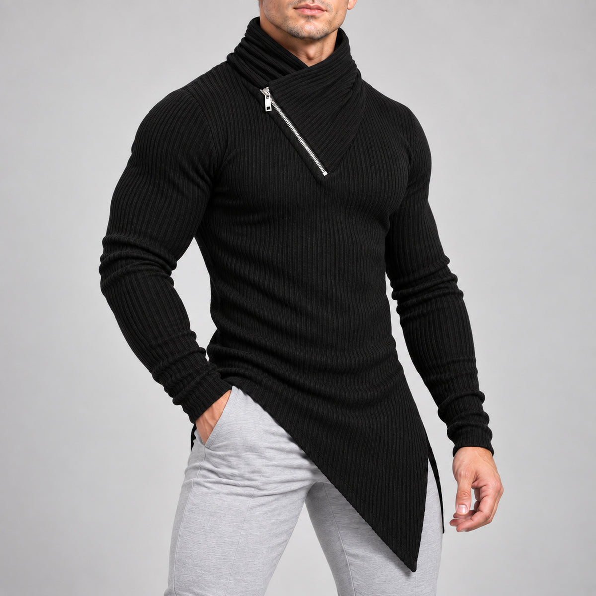 メンズの黒いリブ編みパイル風ハイネック長袖Tシャツ、非対称の裾でスリム見え