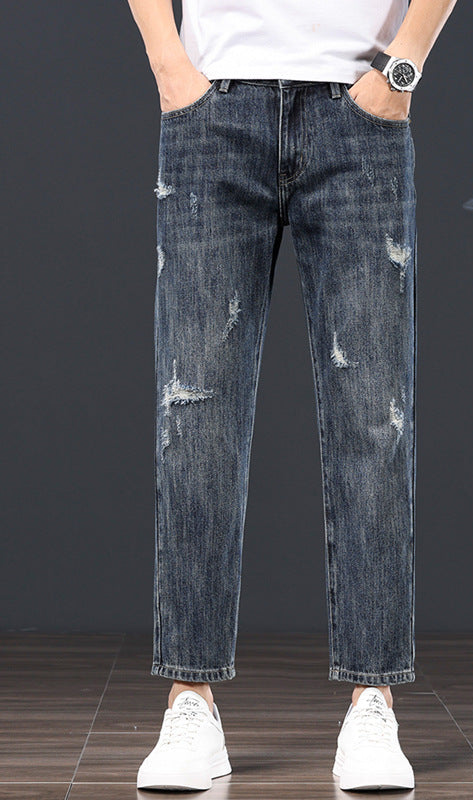メンズデニムパンツ グレー系 リップド加工 ストレートシルエット