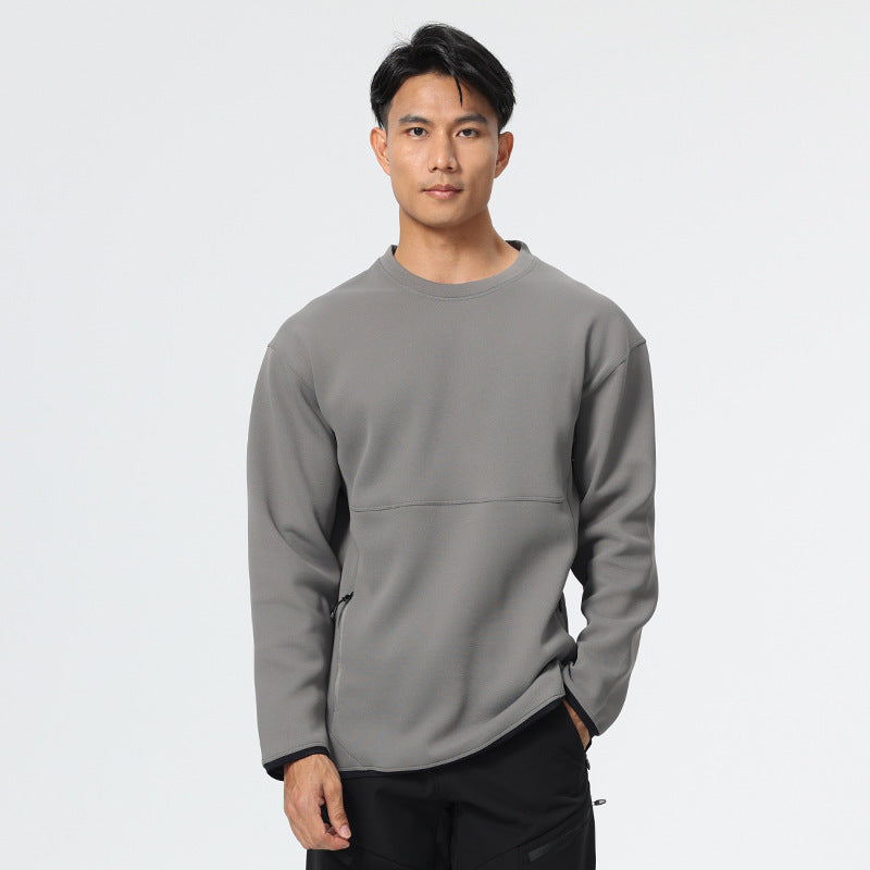 ニアオジアのグレー長袖ラウンドネックTシャツ、前面ポケット付き