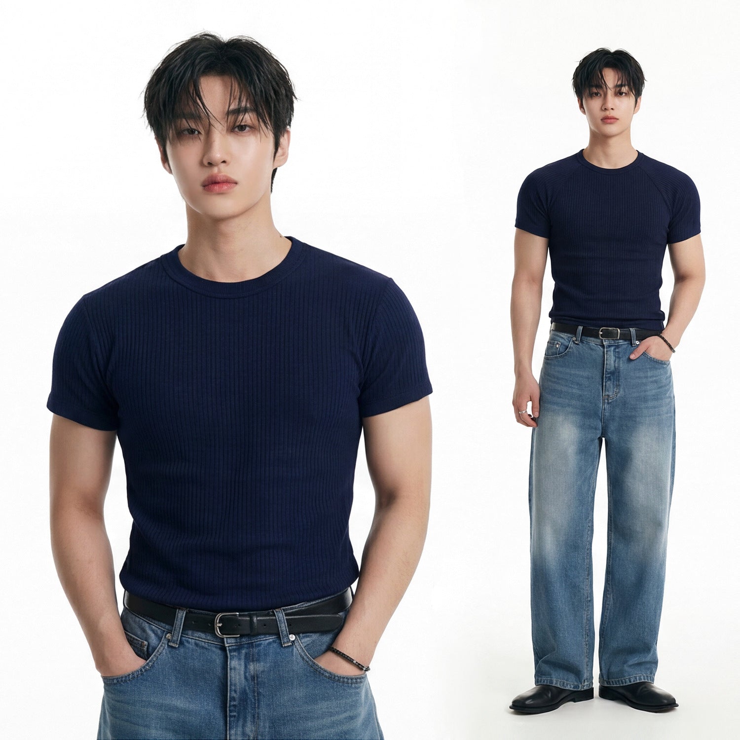 半袖ニットTシャツ メンズ — リブ編みのスリムフィットサマーニットトップス