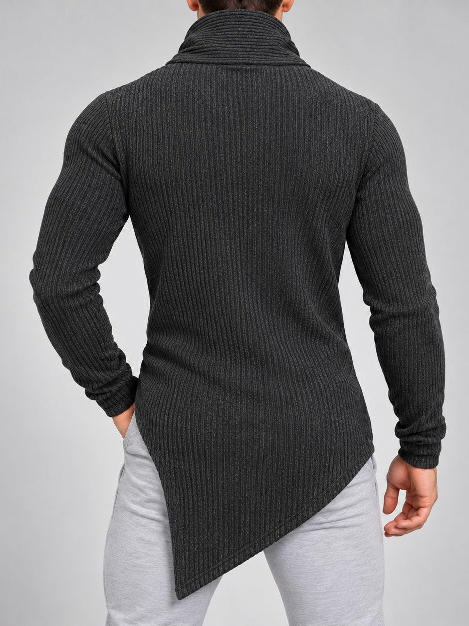 メンズの黒いリブ編みパイル風ハイネック長袖Tシャツ、背面シンプルで斜め裾が特徴
