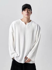 プリーツ長袖Tシャツ メンズ — 落ち感のあるオーバーサイズのスキッパーカットソー