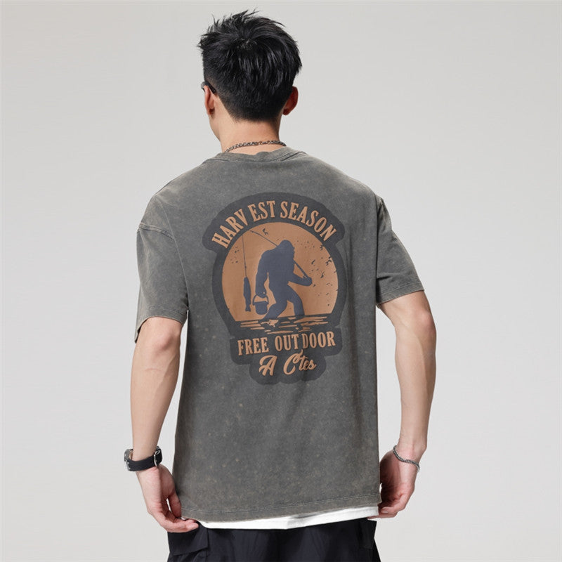 メンズ ウォッシュドヘビーコットンTシャツ — アメリカンレトロバックプリントのビッグシルエット