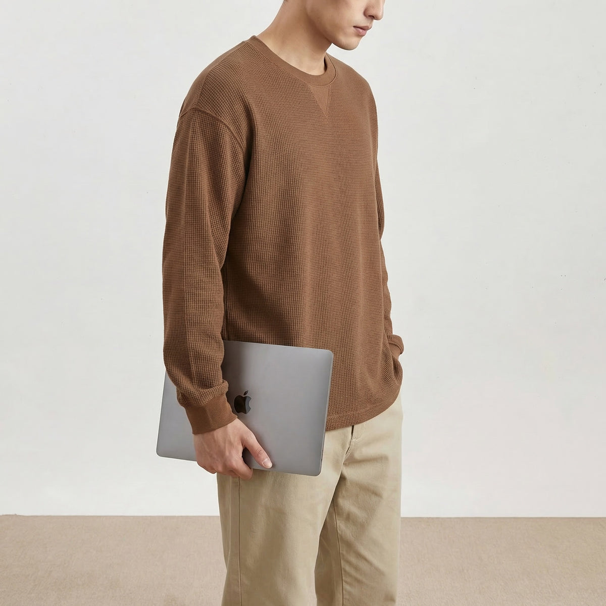 サーマル長袖Tシャツ メンズ — ワッフル編みコットンのリラックスカットソー