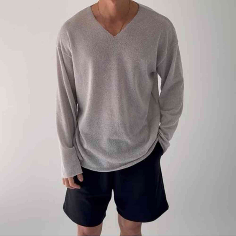 メンズ用グレーのVネック長袖ニットTシャツ ルーズフィット