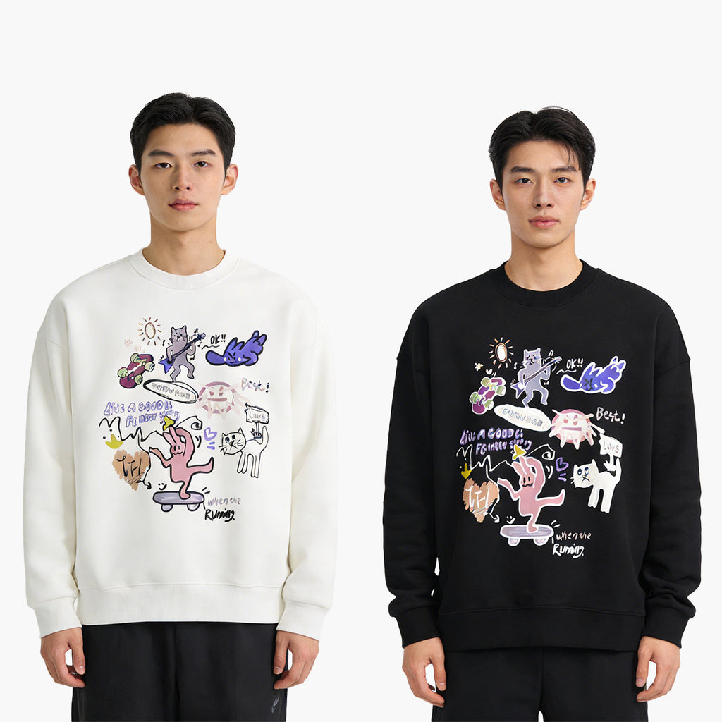 手描き風スウェットシャツ（白・黒）フロントのカラフルプリント