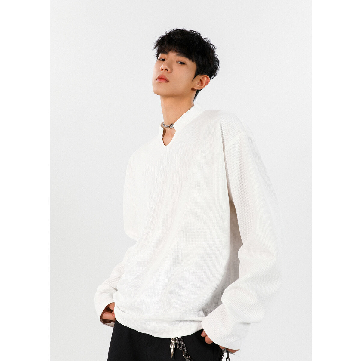ワッフル長袖Tシャツ メンズ — スタンドカラーのオーバーサイズカットソー コットン素材