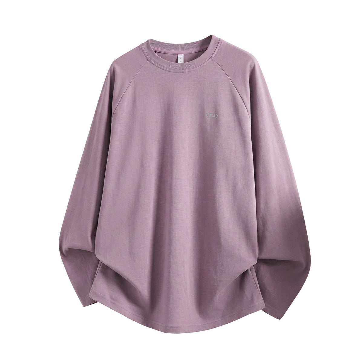 パープルのラグラン長袖Tシャツ、丸首タイプ（商品単体・前面）