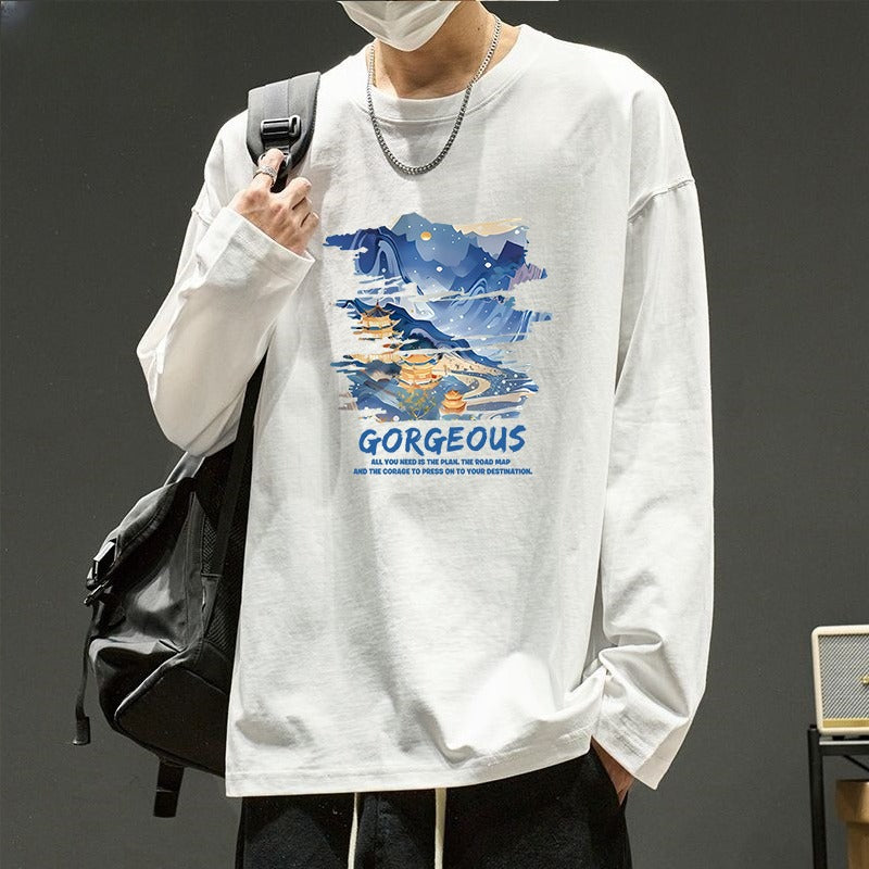 メンズ長袖カジュアルTシャツ ホワイト地にプリント柄