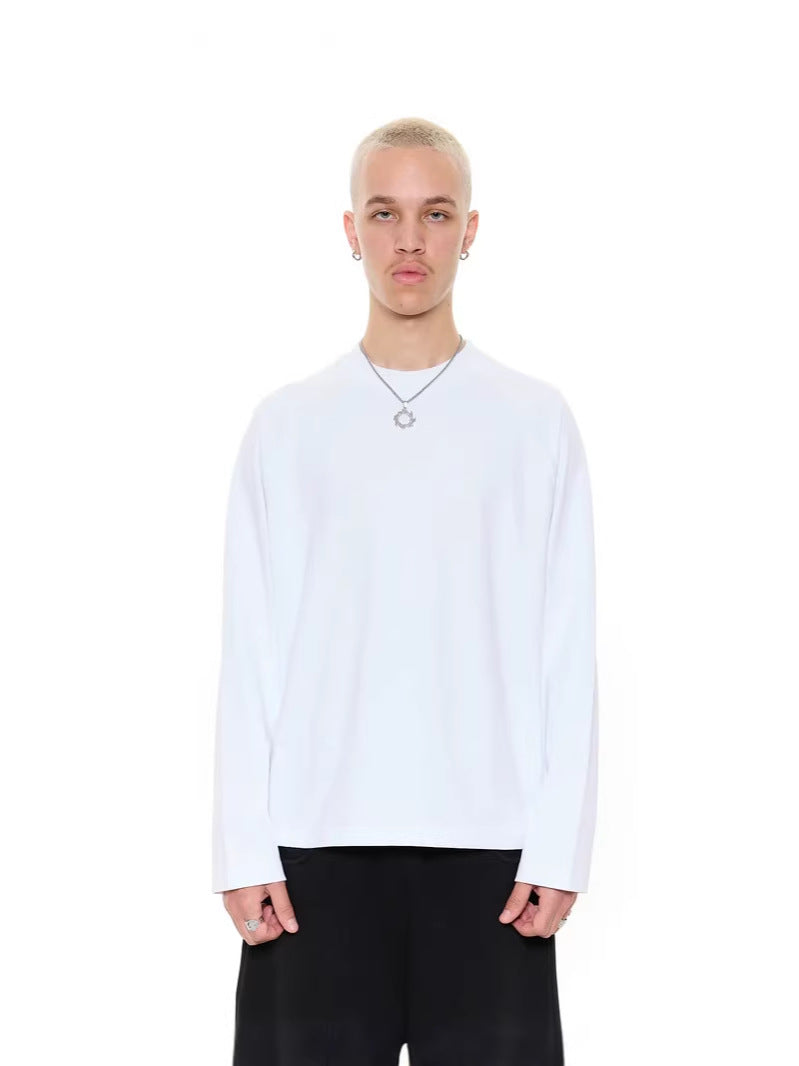 メンズ用長袖Tシャツ、白のクルーネックラグラン袖ボクシーフィット
