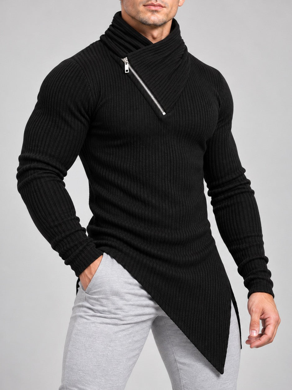 メンズの黒いリブ編みパイル風ハイネック長袖Tシャツ、斜めの切り替え裾とフロント飾り