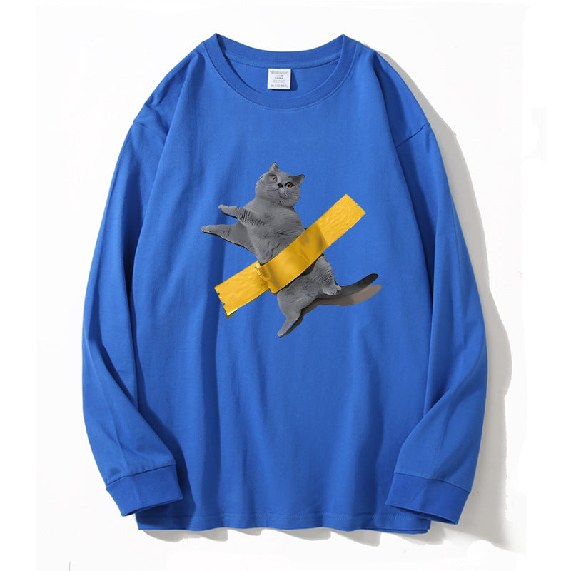 長袖Tシャツ メンズ — 猫プリントのゆったりコットンロンT