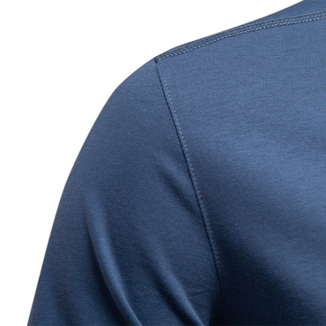 メンズ長袖ヘンリーネックTシャツ ブルー 生地アップ 縫い目部分
