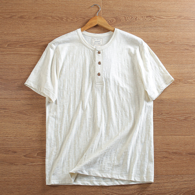 メンズ コットンリネン半袖ヘンリーネックTシャツ — 木製ボタンの通気性ナチュラルカジュアルウェア
