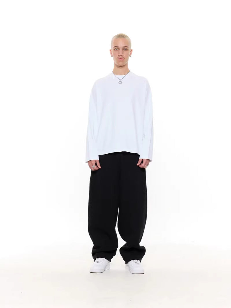 メンズ用長袖Tシャツ、白のクルーネックラグラン袖ゆったりボクシー