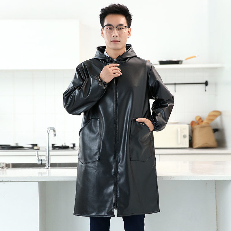 黒のフード付きレザー調ロング作業コート、前ジッパーと左右ポケット