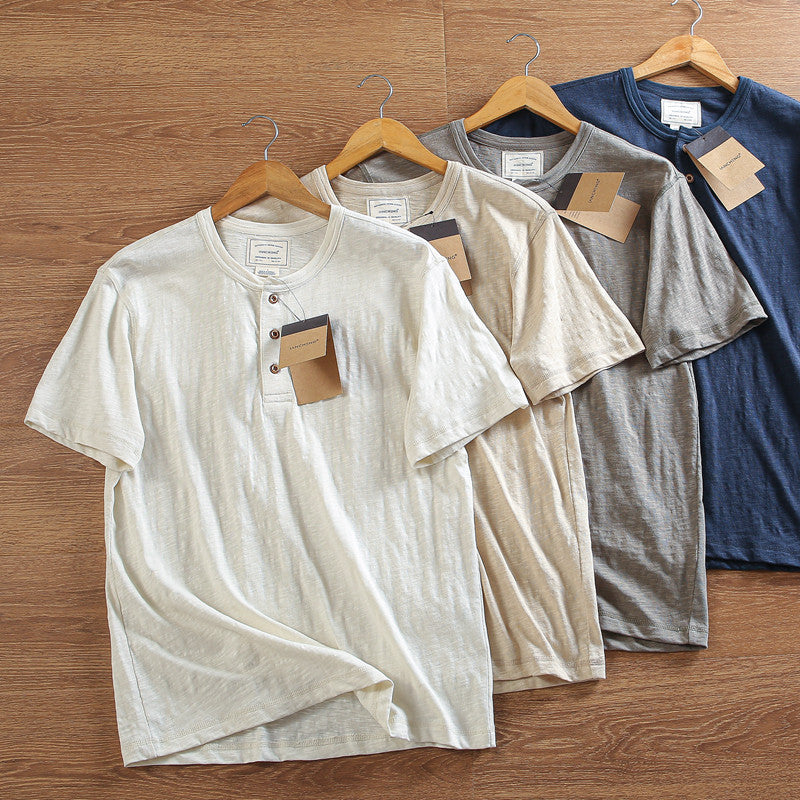 メンズ コットンリネン半袖ヘンリーネックTシャツ — 木製ボタンの通気性ナチュラルカジュアルウェア