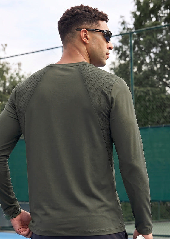 ドライ長袖Tシャツ メンズ — 速乾ストレッチとメッシュ切り替えのUVカットポリエステル