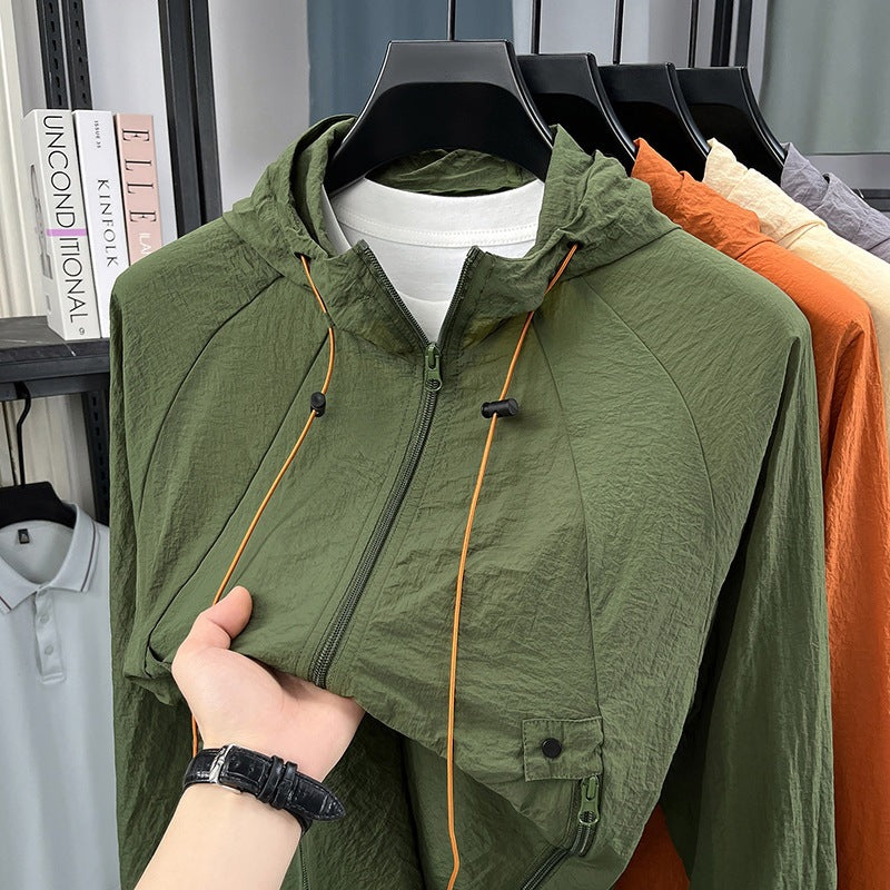 UVカットパーカー メンズ — 薄手ナイロンの日焼け防止フルジップジャケット