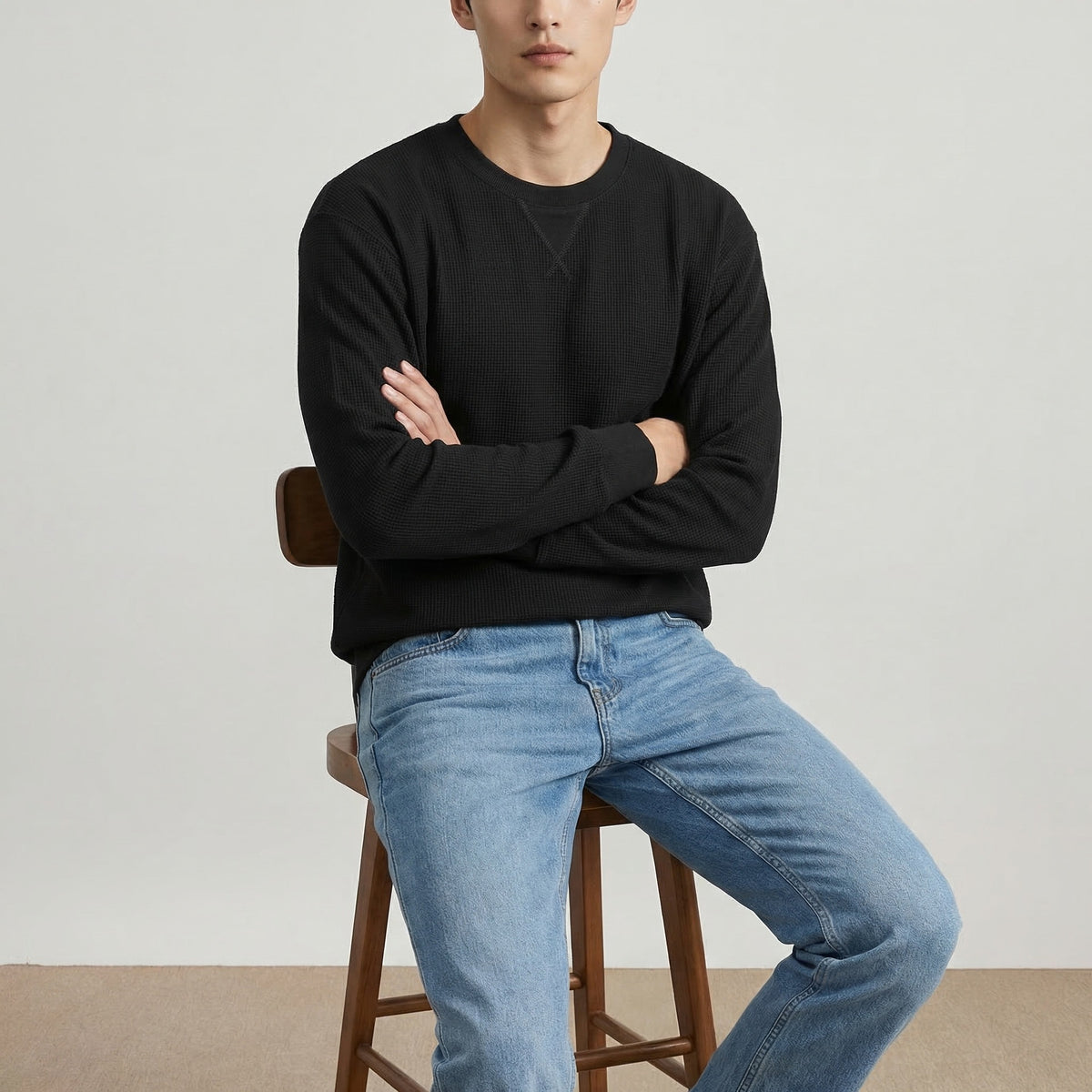 サーマル長袖Tシャツ メンズ — ワッフル編みコットンのリラックスカットソー