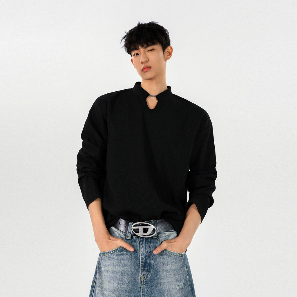 ワッフル長袖Tシャツ メンズ — スタンドカラーのオーバーサイズカットソー コットン素材