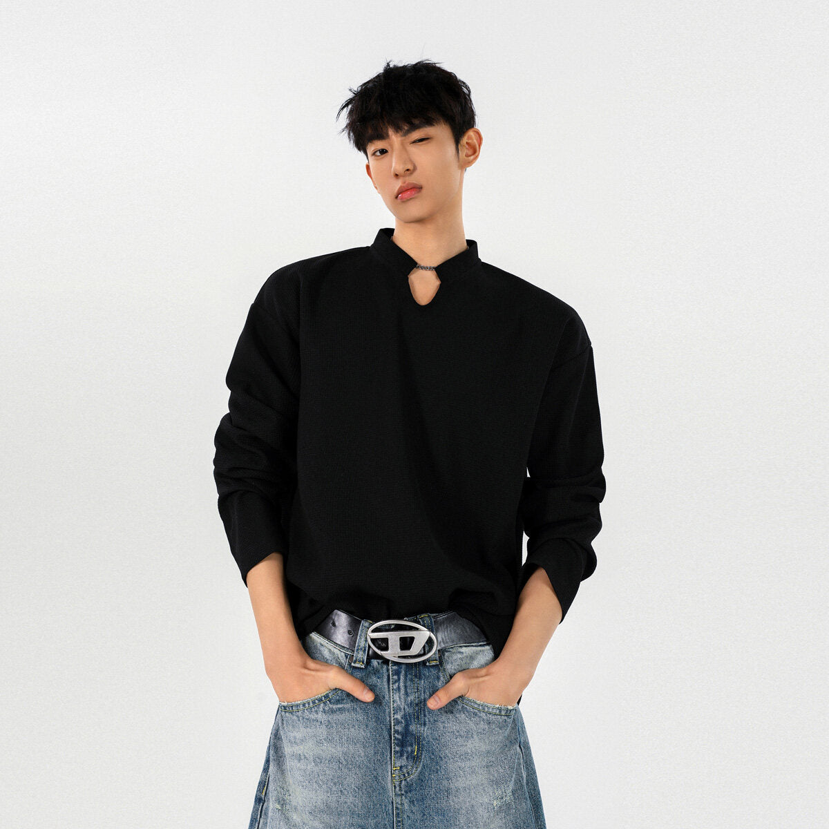 ワッフル長袖Tシャツ メンズ — スタンドカラーのオーバーサイズカットソー コットン素材