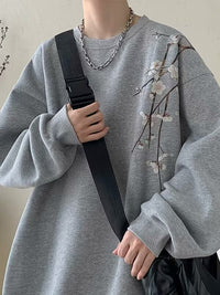 花柄スウェット メンズ — 梅刺繍のオーバーサイズコットントレーナー
