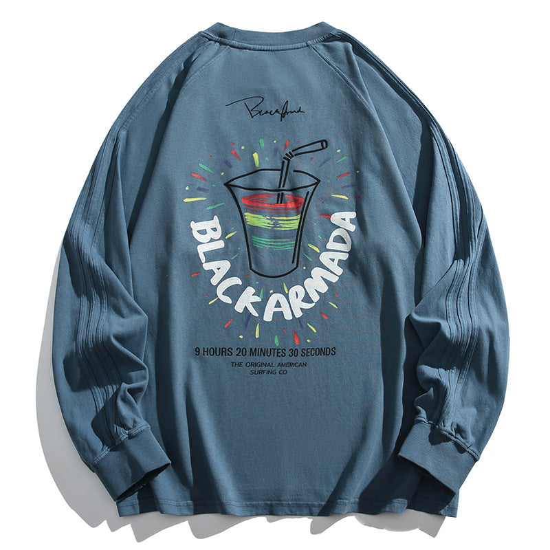 ブルー長袖Tシャツ 背面の大きなプリント（クルーネック）