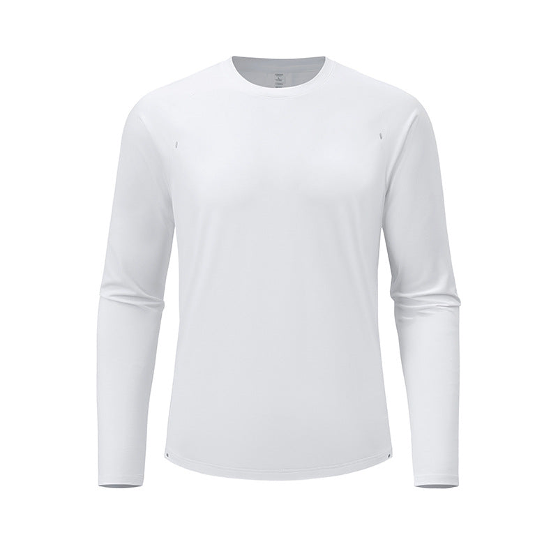 メンズ長袖速乾スポーツTシャツ（ホワイト、丸首）