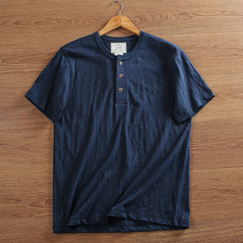 メンズ コットンリネン半袖ヘンリーネックTシャツ — 木製ボタンの通気性ナチュラルカジュアルウェア