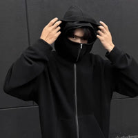 黒のフード付きジップスウェット、フロントジッパーとカンガルーポケット付き