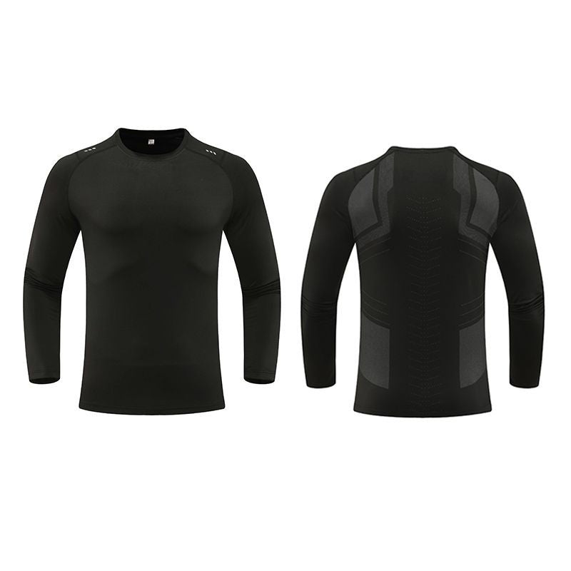 メンズ用ブラックのラウンドネック長袖トレーニングシャツ（背面パネル）