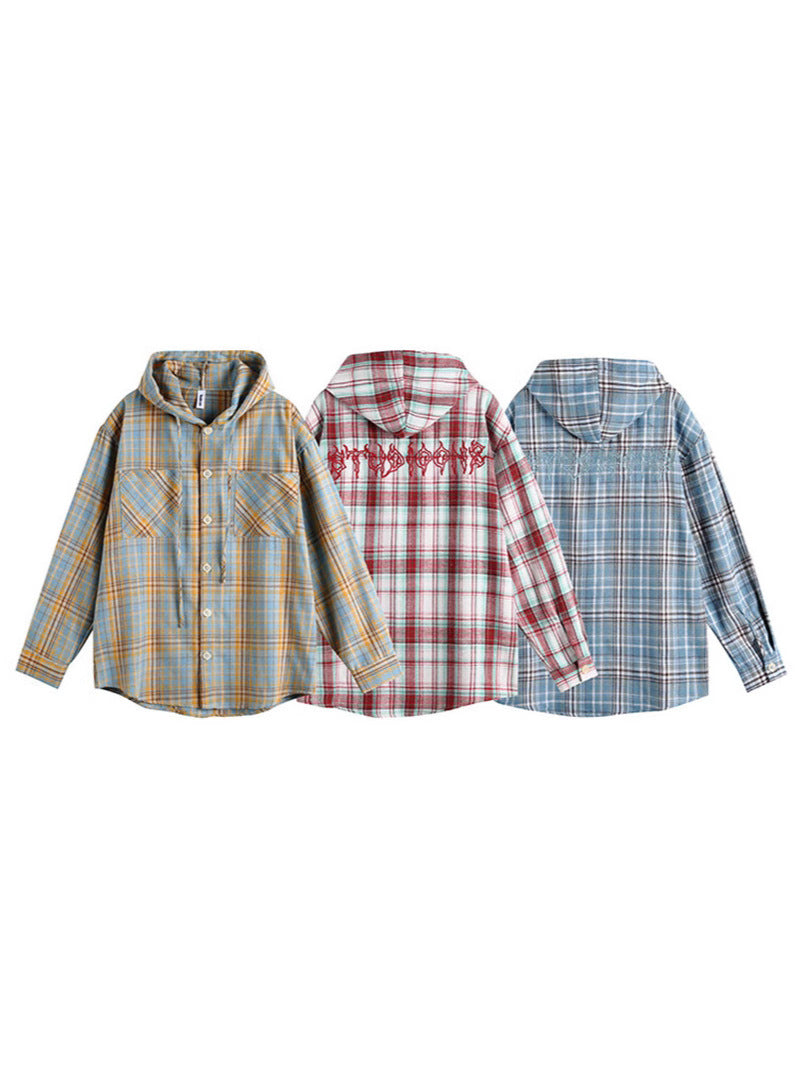 フード付きシャツ メンズ 長袖 — 薄手コットンのチェック柄オーバーサイズ