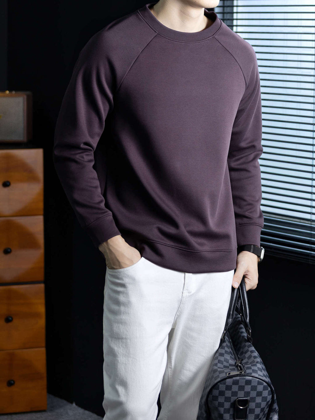 メンズスウェットシャツ クルーネック長袖ラグラン ミッドナイトパープル