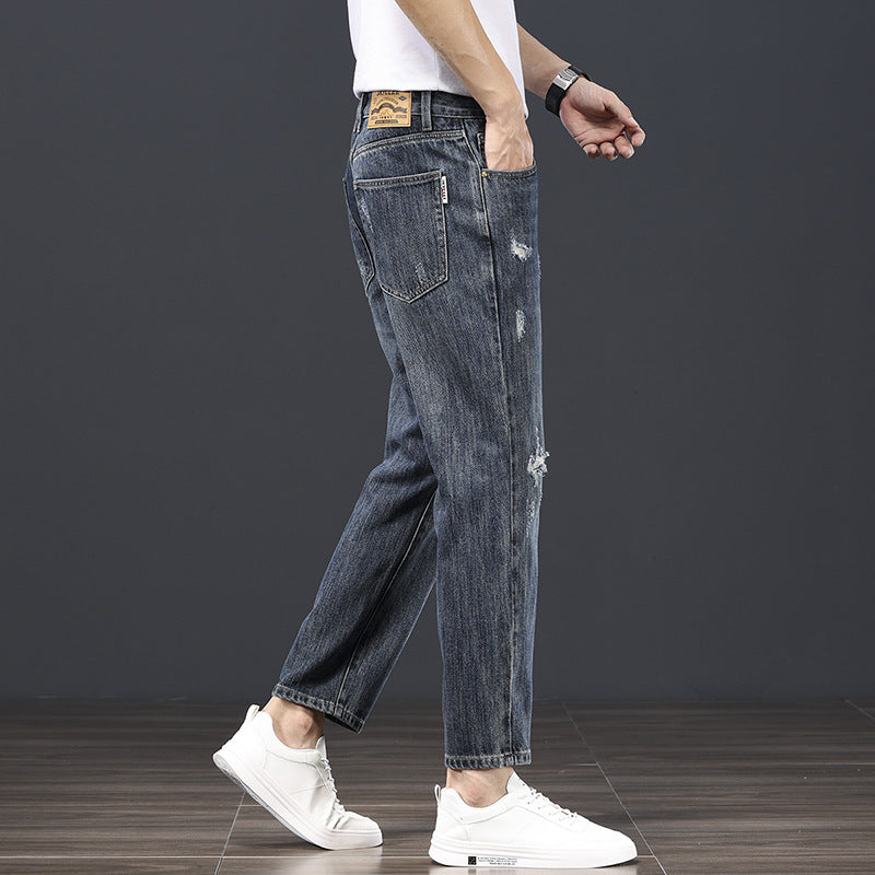 メンズデニムパンツ グレー系 ひざリップド ダメージ加工