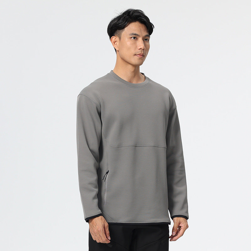ニアオジアのグレー長袖ラウンドネックTシャツ、袖口リブとサイドポケット