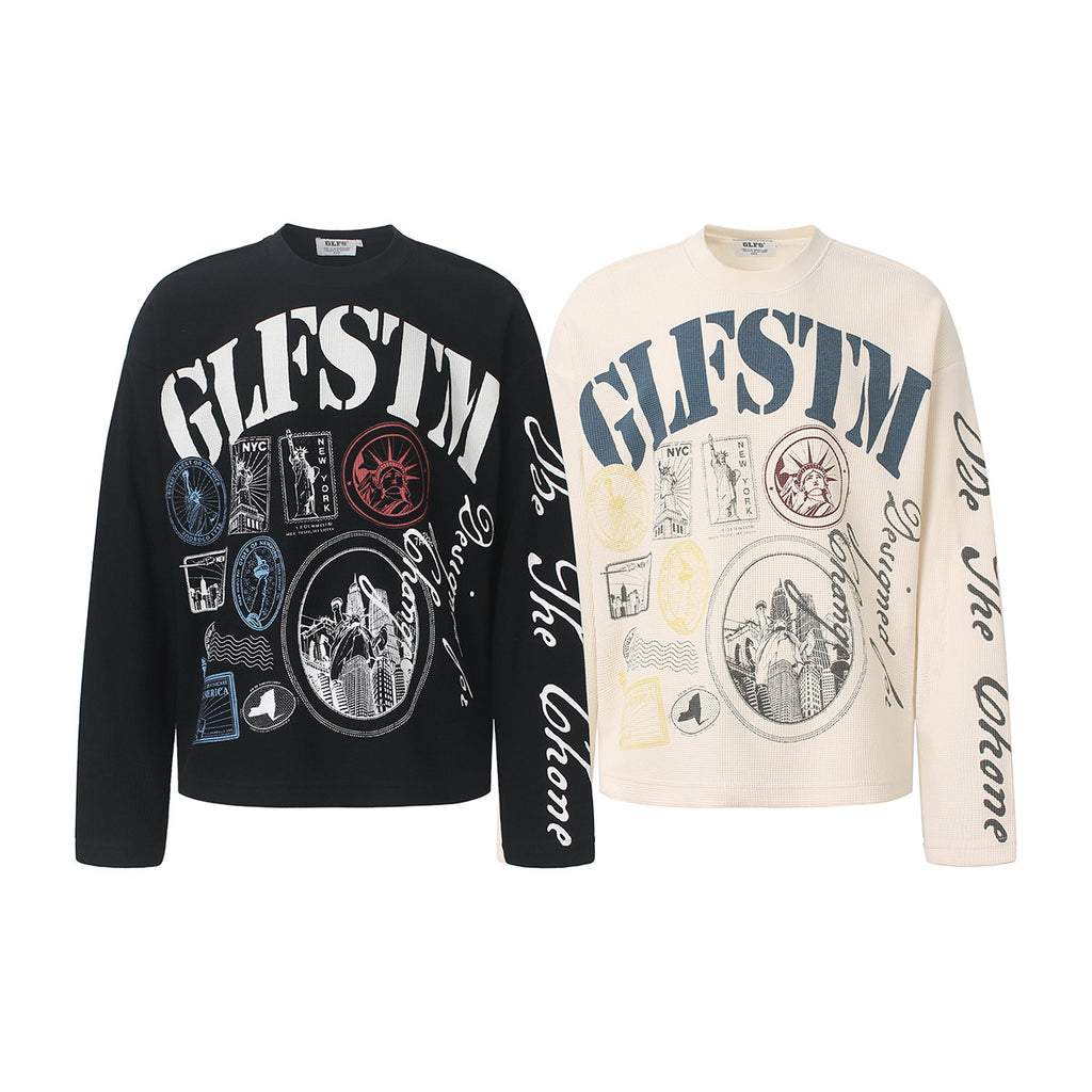 ワッフル長袖Tシャツ メンズ — サーマル編みのグラフィックプリントカットソー