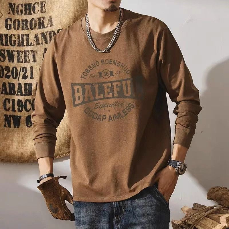 メンズ長袖Tシャツ（ブラウン）ラウンドネック、胸に「BALEFUL」プリント