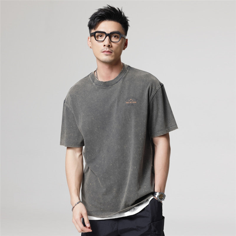 メンズ ウォッシュドヘビーコットンTシャツ — アメリカンレトロバックプリントのビッグシルエット