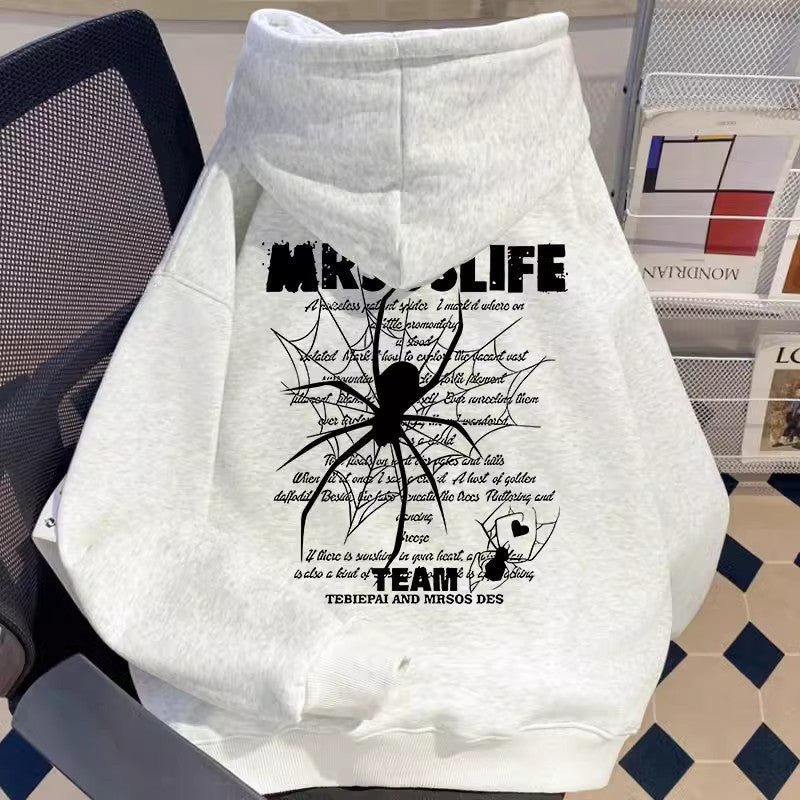プリントパーカー メンズ — スパイダーグラフィックの裏起毛オーバーサイズフーディー