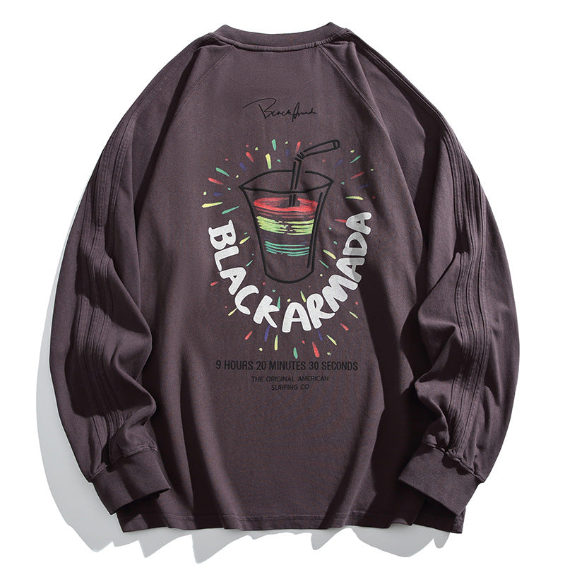 ダークブラウン長袖Tシャツ 背面の大きなプリント（クルーネック）